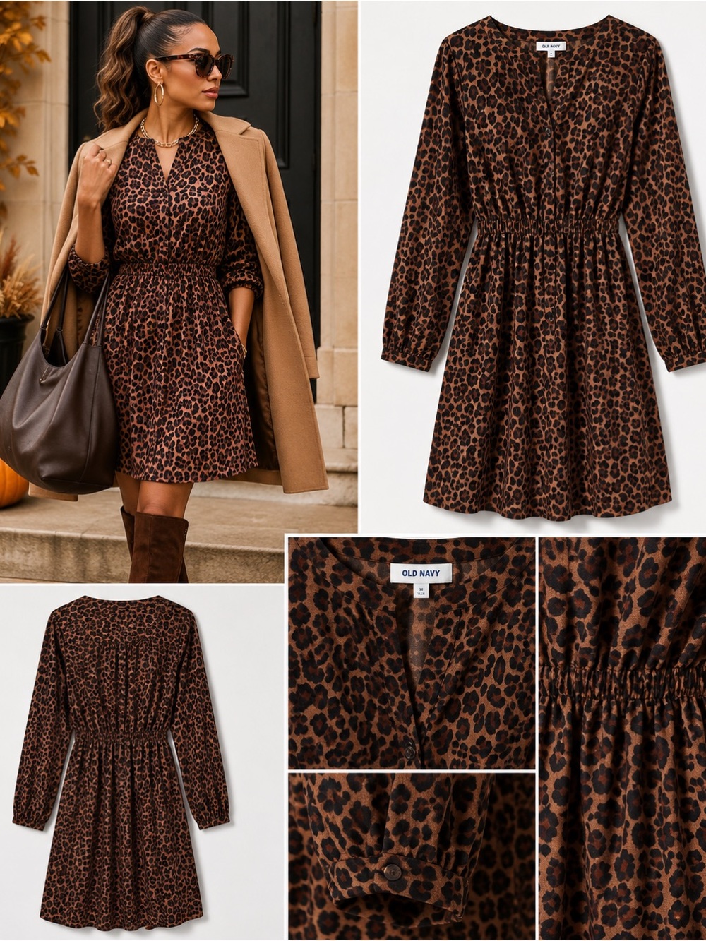 🐆 Old Navy Leopard Print Cinched Waist Dress | XSP | Fall Chic